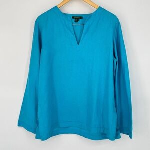 Lauren Ralph Lauren 100% Linen Blue V-Neck Long Sleeve Top Size L Lagenlook
